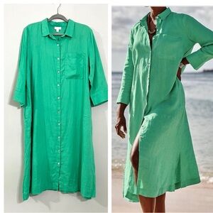 J. Jill Love Linen 100% linen casual green button up midi dress